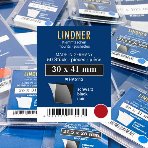 Lindner Klemmtaschen-Zuschnitte, 50 Stück, in 2 Farben und 59 Verschiedene Größen für die gebräuchlichsten Briefmarkenformate zur Auswahl (30 x 41 mm, Schwarz) von Lindner