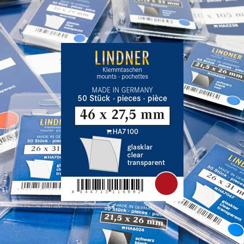 Lindner Klemmtaschen-Zuschnitte, 50 Stück, in 2 Farben und 59 Verschiedene Größen für die gebräuchlichsten Briefmarkenformate zur Auswahl (46 x 27,5 mm *, Glasklar) von Lindner