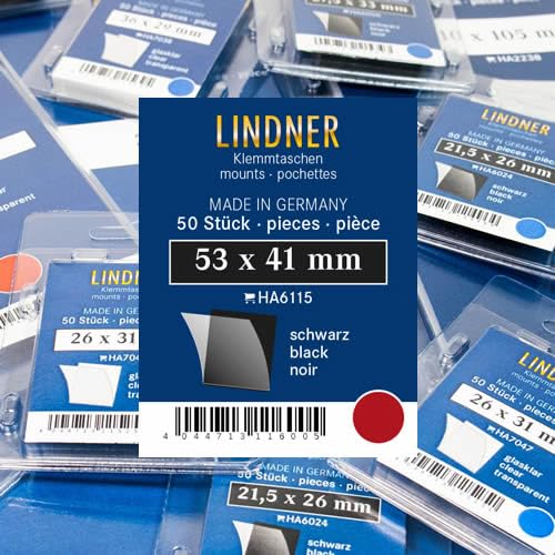 Lindner Klemmtaschen-Zuschnitte, 50 Stück, in 2 Farben und 59 Verschiedene Größen für die gebräuchlichsten Briefmarkenformate zur Auswahl (53 x 41 mm, Schwarz) von Lindner