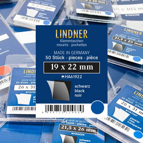 Lindner Klemmtaschen-Zuschnitte, 50 Stück, in 2 Farben und 59 verschiedene Größen für die gebräuchlichsten Briefmarkenformate zur Auswahl (19 x 22 mm, Schwarz) von Lindner