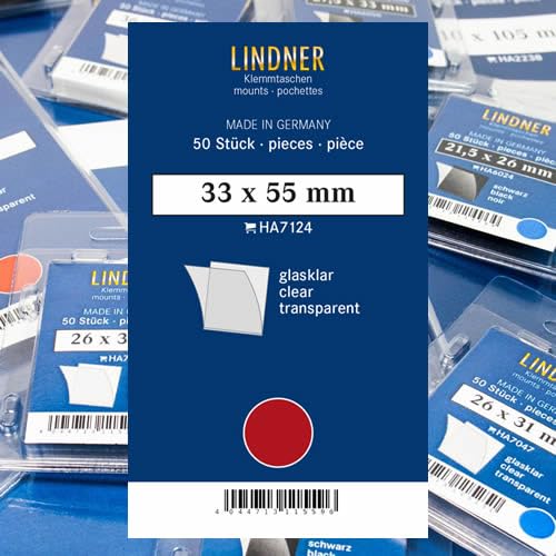 Lindner Klemmtaschen-Zuschnitte, 50 Stück, in 2 Farben und 59 Verschiedene Größen für die gebräuchlichsten Briefmarkenformate zur Auswahl (33 x 55 mm *, Glasklar) von Lindner