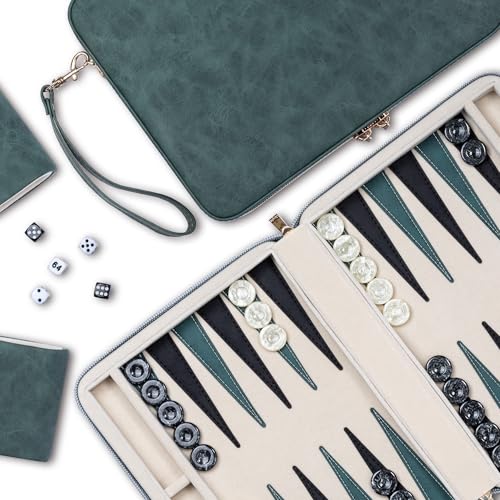 Backgammon Set, Deluxe Leather, Felt Interior, Classic Backgammon Board Game, Green von Lingle