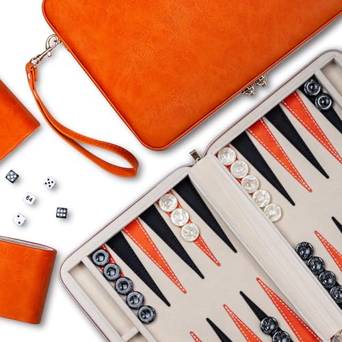 Backgammon Set, Deluxe Leather, Felt Interior, Classic Backgammon Board Game, Orange von Lingle