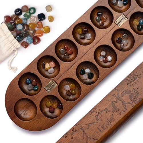 Luxus-Mancala-Set: Echtholz-Scharnierbrett mit 48 gemischten natürlichen Edelsteinen - Authentische afrikanische Petroglyphen, faltbares Design für 2-Spieler-Strategiespiel von Lingle