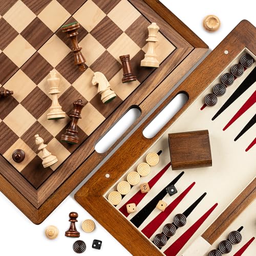 Lingle 39,5 cm Deluxe Massivholz 3-in-1 Spieleset: Tragbares Schach, Backgammon und Dame mit hohlem Griffkasten, faltbarem Brett für Reisen, geeignet für Erwachsene und Kinder von Lingle