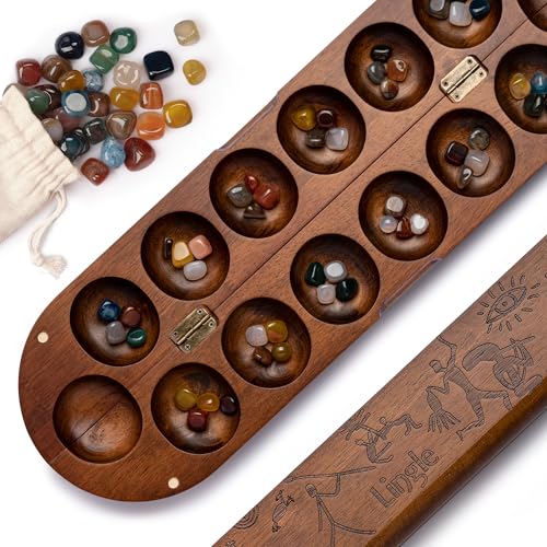 Luxus-Mancala-Set: Echtholz-Scharnierbrett mit 48 gemischten natürlichen Edelsteinen - Authentische afrikanische Petroglyphen, faltbares Design für 2-Spieler-Strategiespiel von Lingle