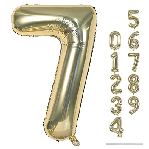 101cm Champagner Gold Luftballon Zahl 7, 40" Groß Gold Folienballon Zahlen 7, Zahlenballon 7. Geburtstag für Mädchen Junge, Hell Gold Helium 7 Ballon zum Mann Frau Geburtstagsdeko Jubiläum Party Deko von Lingqiang