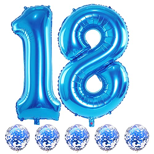 Geburtstag Zahlen Luftballon 18 Jahre, 40" Blau Folienballon Zahl 18, XXL Luftballons Zahl 18 mit Blau Konfetti Helium Ballons, 18. Geburtstagsdeko für Junge 18. Geburtstag Jubiläum Party Deko von Lingqiang