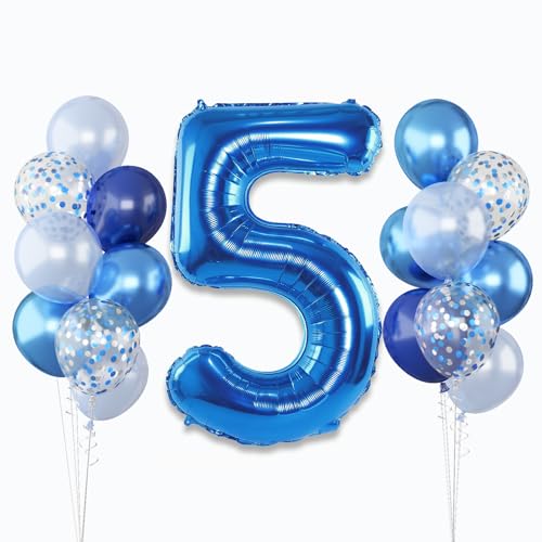 Geburtstag Zahlen Luftballon 5 Jahre, 40" Groß Marineblau Folienballon Zahl 5 für Junge, 5. Geburtstagsdeko Navy Blau Silber Konfetti Ballon, Metallic Dunkelblau Helium Zahlenballon 5 Jubiläum Deko von Lingqiang