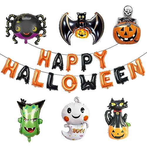 Happy Halloween Deko Luftballon Set, Spinne Fledermaus Katze Geist Kürbis Monster Totenkopf Folienballons mit Happy Halloween Ballon Banner Girlande für Kinder Gruselig Halloween Party Dekoration von Lingqiang