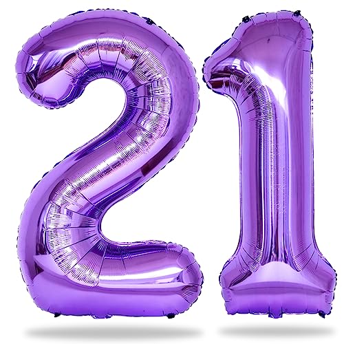 Geburtstag Zahlen Luftballon 21 Jahre, 40" Lila Folienballon Zahl 21, XXL Luftballons Zahl 21 für 12. Mädchen, 21. Geburtstagsdeko Ballon Violett für Frau 21. Geburtstag Deko Jubiläum Party Deko von Lingqiang