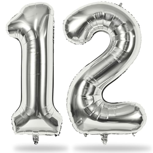 Luftballon 12. Geburtstag Deko, Silber 40 Zoll Zahl 12 Luftballon für Junge, Riesen Folienballon Zahlen 1 & 2 Helium Ballon für Mädchen 12 Jahre 21 Geburtstagsdeko Mann Jubiläum Party Dekoration von Lingqiang