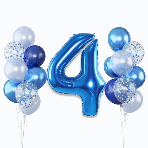 Luftballon 4. Geburtstag, 40'' Folienballon Zahl 4 Navy Blau, Groß Zahlen 4 Ballon mit Metallic Silber Konfetti Helium Ballon Geburtstagsdeko für Kinder, Dunkelblau Luftballon Zahl Jubiläum Party Deko von Lingqiang