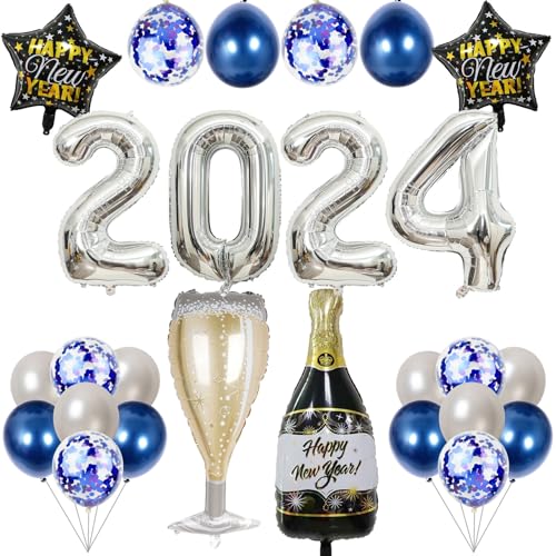 Navy Blau Silber Abschluss Deko 2024, Folienballons Deko 2024 Zahl Marineblau Silber Konfetti Ballons Set mit Champagner Glas Stern Luftballons für Mann Junge Abschlussball Party Dekoration von Lingqiang