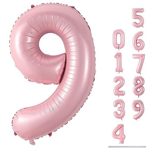 Rosa Folienballon Zahl 9, 101 cm XXL Pastell Rosa Zahlenballon 9 für Mädchen, Perl Hell Pink Zahlen Luftballon 9. Geburtstag Helium Ballon 9 für Frau Geburtstagsdeko Jubiläum Neujahr Party Deko von Lingqiang