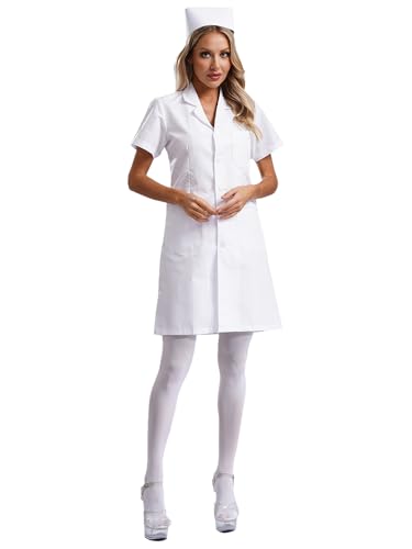 Linjinx 3Pcs Halloween Kostüm Krankenschwester Kleid Kurzarm Weiße Krankenschwester Kleid Arbeitskittel Arbeitsmantel mit Strümpfe Hut Weiß 3XL von Linjinx