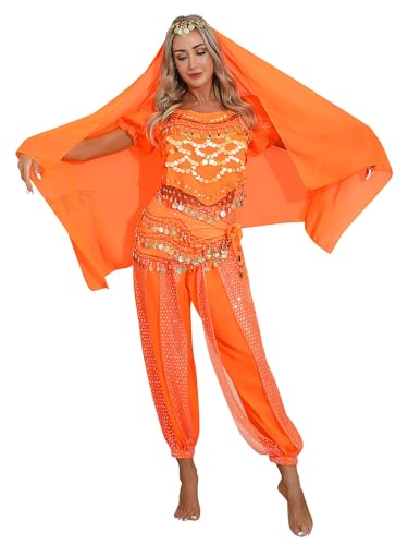 Linjinx 4Pcs Damen Bauchtanz Outfit Halloween Karneval Kostüm Puffärmel Pailletten Crop Top + Harem Hosen Hüfttuch Kopftuch Bauchtanz Kostüm Orange One Size von Linjinx