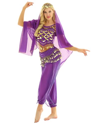 Linjinx 4Pcs Damen Bauchtanz Outfit Halloween Karneval Kostüm Puffärmel Pailletten Crop Top + Harem Hosen Hüfttuch Kopftuch Bauchtanz Kostüm Violett One Size von Linjinx