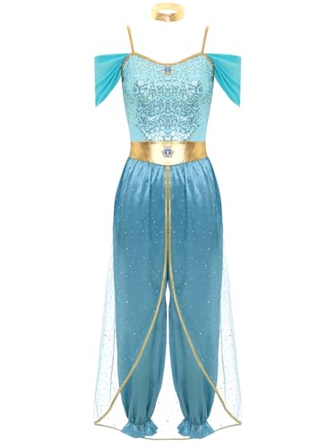 Linjinx Bauchtanz Kostüm Damen Jasmin Prinzessin Kostüm Pailletten Kleid Arabische Indische Verkleidung Halloween Karneval Fasching Kostüm Blau 3XL von Linjinx