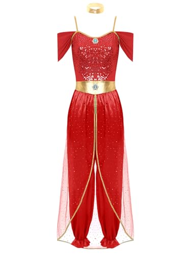 Linjinx Bauchtanz Kostüm Damen Jasmin Prinzessin Kostüm Pailletten Kleid Arabische Indische Verkleidung Halloween Karneval Fasching Kostüm Rot 3XL von Linjinx