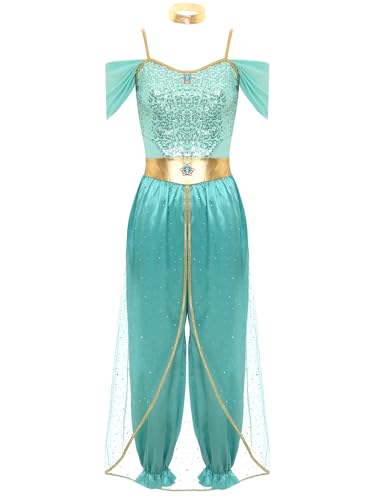 Linjinx Bauchtanz Kostüm Damen Jasmin Prinzessin Kostüm Pailletten Kleid Arabische Indische Verkleidung Halloween Karneval Fasching Kostüm Türkis 3XL von Linjinx