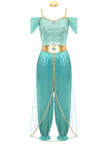 Linjinx Bauchtanz Kostüm Damen Jasmin Prinzessin Kostüm Pailletten Kleid Arabische Indische Verkleidung Halloween Karneval Fasching Kostüm Türkis L von Linjinx