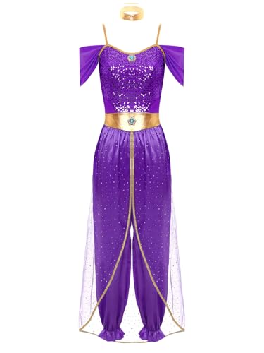 Linjinx Bauchtanz Kostüm Damen Jasmin Prinzessin Kostüm Pailletten Kleid Arabische Indische Verkleidung Halloween Karneval Fasching Kostüm Violett 3XL von Linjinx