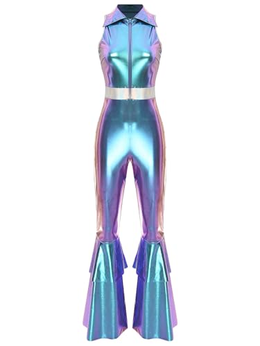 Linjinx Damen 70er Jahre Disco Kostüm Metallic Glänzend Jumpsuit Overall Reverskragen Ärmellos Disco Tanzoverall Schlaghose Karneval Fasching Kostüm Blau 3XL von Linjinx