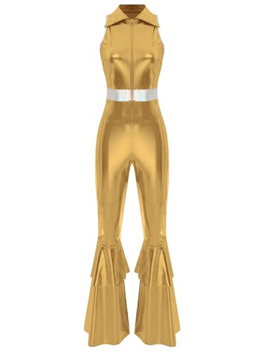 Linjinx Damen 70er Jahre Disco Kostüm Metallic Glänzend Jumpsuit Overall Reverskragen Ärmellos Disco Tanzoverall Schlaghose Karneval Fasching Kostüm Gold 3XL von Linjinx