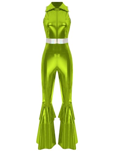 Linjinx Damen 70er Jahre Disco Kostüm Metallic Glänzend Jumpsuit Overall Reverskragen Ärmellos Disco Tanzoverall Schlaghose Karneval Fasching Kostüm Grün 3XL von Linjinx