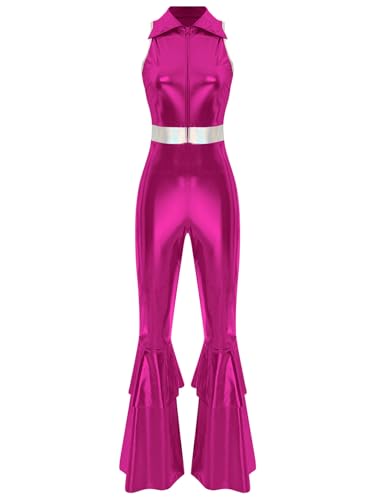 Linjinx Damen 70er Jahre Disco Kostüm Metallic Glänzend Jumpsuit Overall Reverskragen Ärmellos Disco Tanzoverall Schlaghose Karneval Fasching Kostüm Hot Pink 3XL von Linjinx