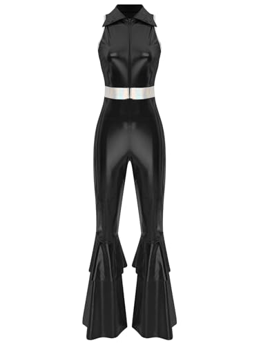 Linjinx Damen 70er Jahre Disco Kostüm Metallic Glänzend Jumpsuit Overall Reverskragen Ärmellos Disco Tanzoverall Schlaghose Karneval Fasching Kostüm Schwarz L von Linjinx