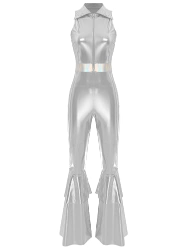 Linjinx Damen 70er Jahre Disco Kostüm Metallic Glänzend Jumpsuit Overall Reverskragen Ärmellos Disco Tanzoverall Schlaghose Karneval Fasching Kostüm Silber XL von Linjinx