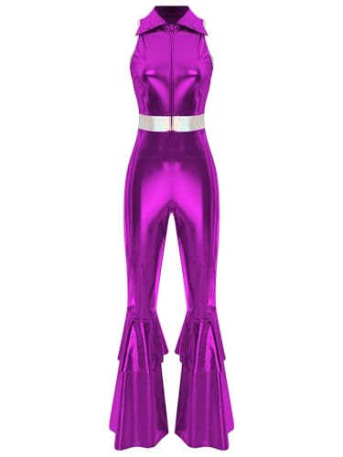 Linjinx Damen 70er Jahre Disco Kostüm Metallic Glänzend Jumpsuit Overall Reverskragen Ärmellos Disco Tanzoverall Schlaghose Karneval Fasching Kostüm Violett L von Linjinx