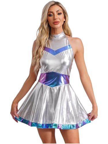 Linjinx Damen Alien Kostüm Kleid Neckholder Rückenfrei A-Linie Kleid Holographic Kleid Faltenkleid Minikleid Halloween Karneval Fasching Kostüm Blau 4XL von Linjinx