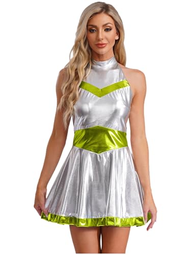 Linjinx Damen Alien Kostüm Kleid Neckholder Rückenfrei A-Linie Kleid Holographic Kleid Faltenkleid Minikleid Halloween Karneval Fasching Kostüm Leuchtendes Grün 3XL von Linjinx