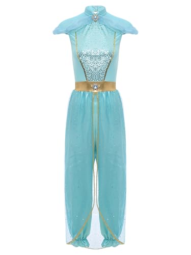 Linjinx Damen Arabische Prinzessin Kostüm Overall Pailletten Jumpsuit Rompers Bauchtanz Kostüm Orientalische Kleidung Halloween Karneval Party Hellblau M von Linjinx