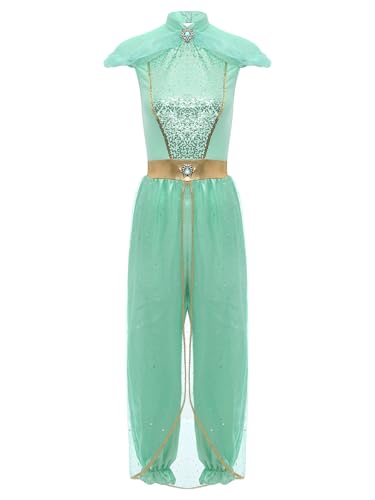 Linjinx Damen Arabische Prinzessin Kostüm Overall Pailletten Jumpsuit Rompers Bauchtanz Kostüm Orientalische Kleidung Halloween Karneval Party Minzgrün M von Linjinx