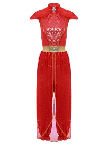 Linjinx Damen Arabische Prinzessin Kostüm Overall Pailletten Jumpsuit Rompers Bauchtanz Kostüm Orientalische Kleidung Halloween Karneval Party Rot L von Linjinx