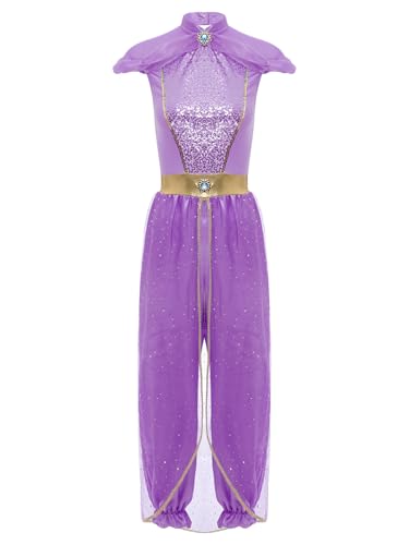 Linjinx Damen Arabische Prinzessin Kostüm Overall Pailletten Jumpsuit Rompers Bauchtanz Kostüm Orientalische Kleidung Halloween Karneval Party Violett XL von Linjinx