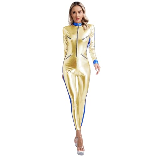 Linjinx Damen Astronaut Kostüm Raumfahrer Metallic Jumpsuit Langarm Overall mit Reißverschluss Raumanzug Halloween Einteiler Weltall Outfit Gold M von Linjinx