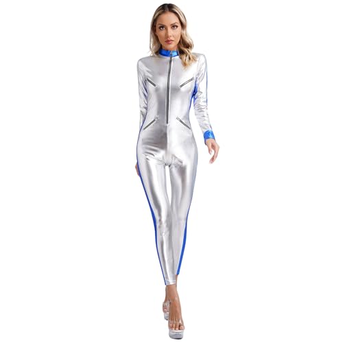 Linjinx Damen Astronaut Kostüm Raumfahrer Metallic Jumpsuit Langarm Overall mit Reißverschluss Raumanzug Halloween Einteiler Weltall Outfit Silber 3XL von Linjinx