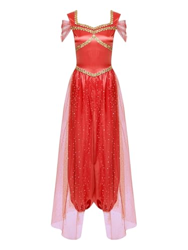 Linjinx Damen Bauchtanz Kostüm Aladin Prinzessin Kostüm Einteilig Jumpsuit Overall Tanzkleid mit Tüll Halloween Karneval Fasching Kostüm Burgundy 4XL von Linjinx