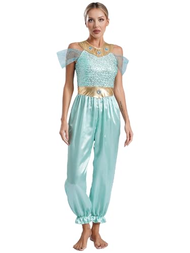 Linjinx Damen Bauchtanz Kostüm Jasmin Prinzessin Kostüm Pailletten Jumpsuit Overall Arabische Indische Tanzkleidung Halloween Karneval Fasching Kostüm Minzgrün 4XL von Linjinx