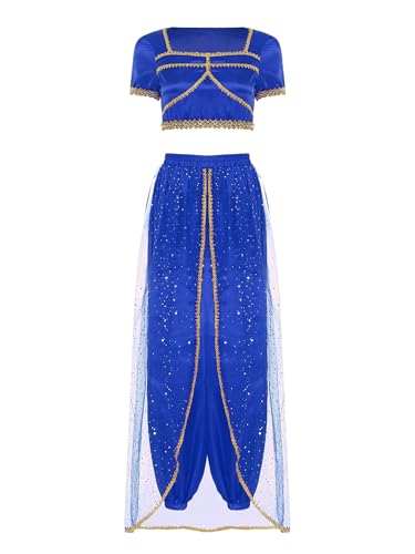 Linjinx Damen Bauchtanz Kostüm Kurzarm Crop Top Bauchfrei Obertiel + Pailletten Tüll Haremhose Orientalisches Tanzkleidung Halloween Karneval Kostüm Blau S von Linjinx