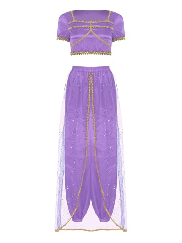 Linjinx Damen Bauchtanz Kostüm Kurzarm Crop Top Bauchfrei Obertiel + Pailletten Tüll Haremhose Orientalisches Tanzkleidung Halloween Karneval Kostüm Helles Lila L von Linjinx