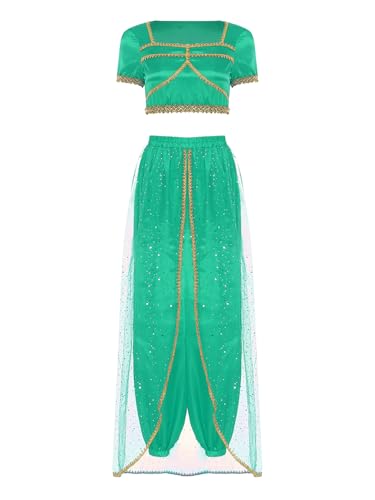 Linjinx Damen Bauchtanz Kostüm Kurzarm Crop Top Bauchfrei Obertiel + Pailletten Tüll Haremhose Orientalisches Tanzkleidung Halloween Karneval Kostüm Hellgrün M von Linjinx