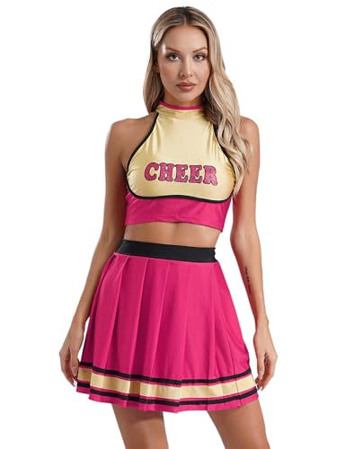 Linjinx Damen Cheer Leader Kostüm Ärmellos Shirt Bauchfrei Oberteil Crop Top + Mini Rock Faltenrock Schulmädchen Tanzkleid Cheerleading Outfit Tanzkleidung Hot Pink S von Linjinx