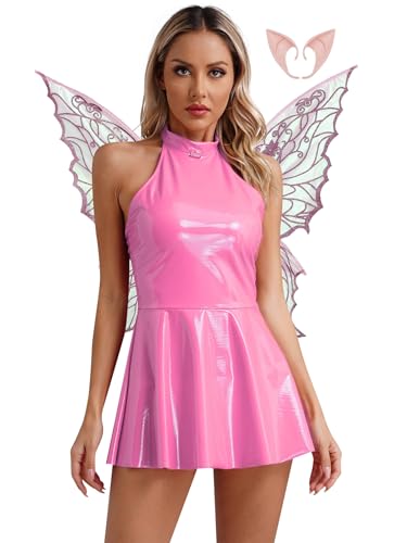 Linjinx Damen Fee Kostüm Karneval Fasching Kostüm Pu Leder Kleid Minikleid Partykleid Gogo Kleid + Elfenohren Schmetterling Flügeln Rosa 4XL von Linjinx