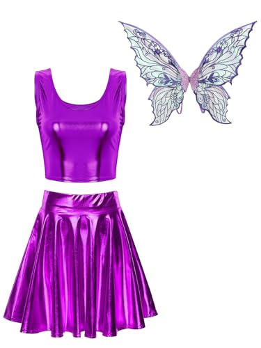 Linjinx Damen Fee Kostüm Karnevalskostüm Metallic Ärmellos Crop Top Mit Hoher Taille Skater Rock Schmetterling Flügeln Fasching Kostüm Violett L von Linjinx